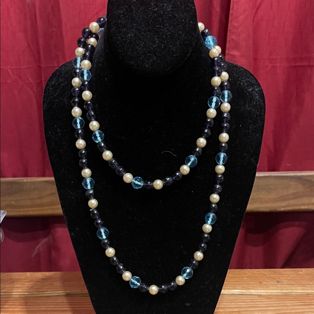 Elegant Blue and Gold Beaded Necklace glass and faux pearl gold spacers 45”